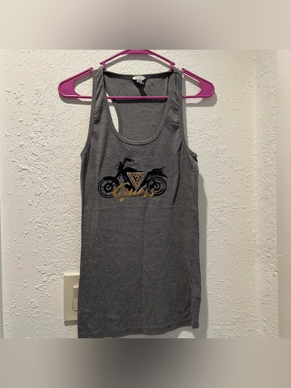 Guess Gray Tank Dress with Gold Motorcycle Graphic size Large
